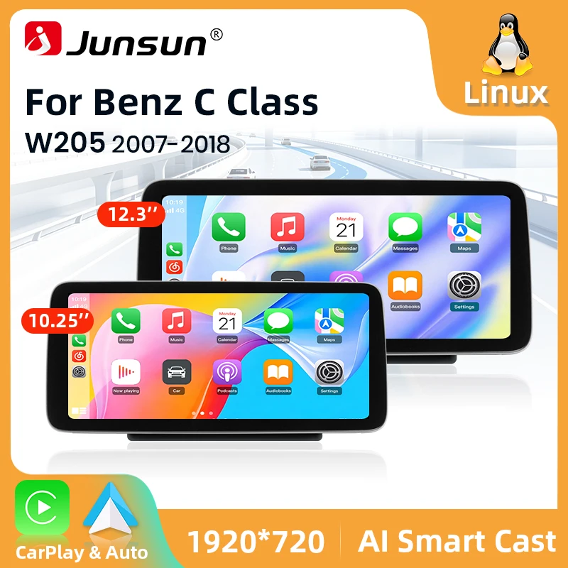 Junsun 12,3'' 10,25'' Linux-System kabelloses Apple CarPlay Android Auto Autoradio für Mercedes Benz W176 C-Klasse W204 W205 GLC X253 V-Klasse W447 2008-2018 Multimedia-Player 1920*720 Touchscreen