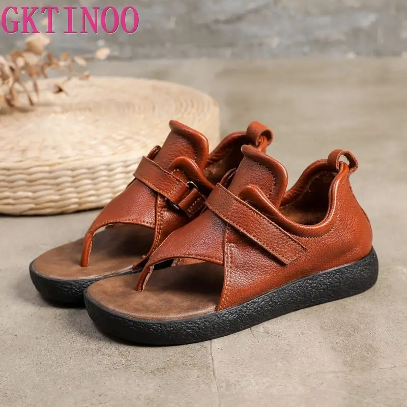 GKTINOO Genuine Leather Flip Flops Sandals For Women Open Toe Summer Slides Shoes Luxury Beach Sandals Ladies Sandals Original