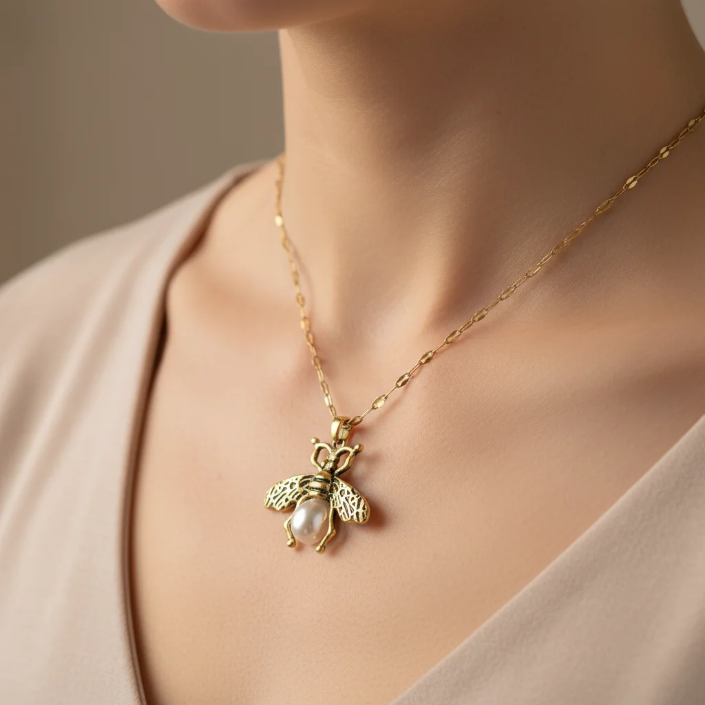 

Vintage 18K Gold Plated Bee Pearl Pendant Necklace for Women - Elegant Insect Charm with Adjustable Chain, Trendy Jewelry Gift