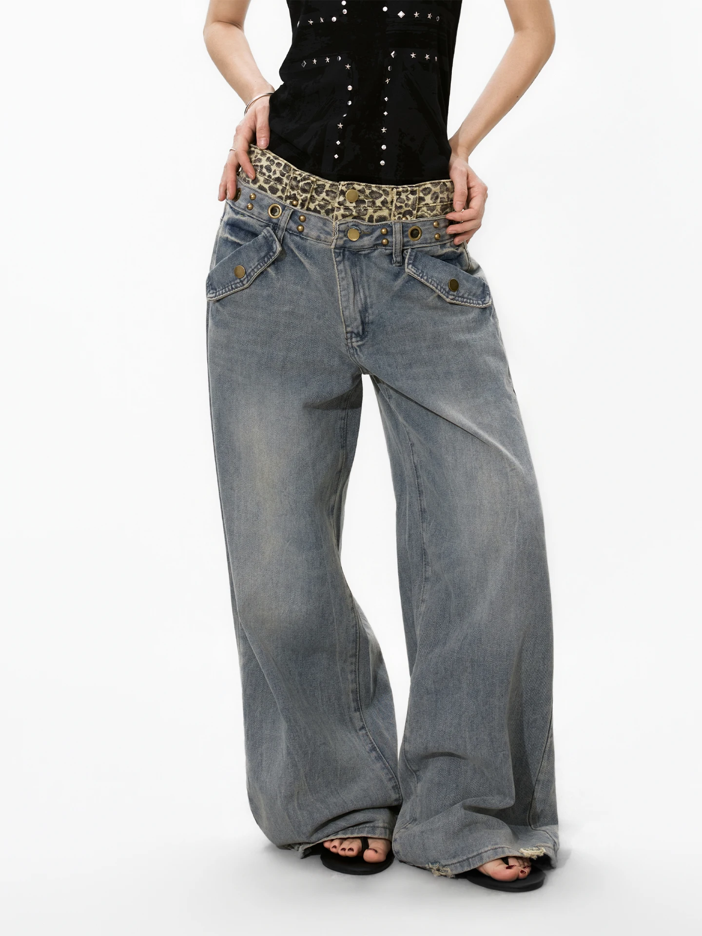 S3T5 Leopard Print Patchwork Wide Leg Jeans Loose Fit Vintage Washed Unisex Straight Leg Trousers Casual Wear All Seasons