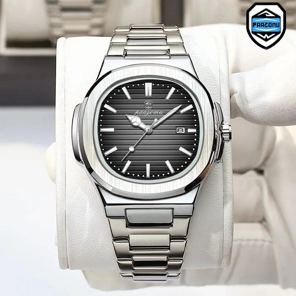 PAAZOMU ساعة فاخرة للأعمال 50 ATM مقاوم للماء ساعة رجالية مضيئة تاريخ الفولاذ المقاوم للصدأ ساحة كوارتز ساعات رجالية reloj hombre