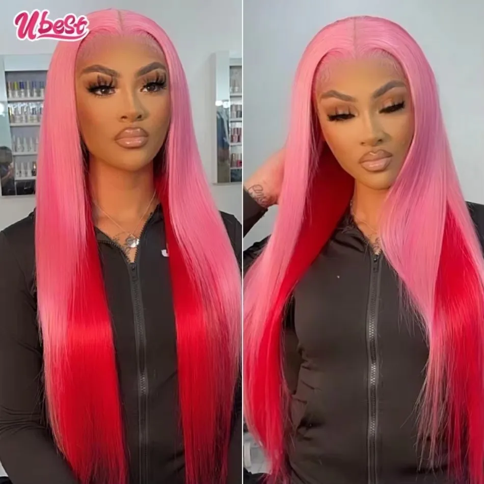 

Pink With Red 613 Colored Straight 13x6 Lace Front Wigs Brazilian 100％ Human Hair Transparent Glueless Wig Pre Plucked For Women