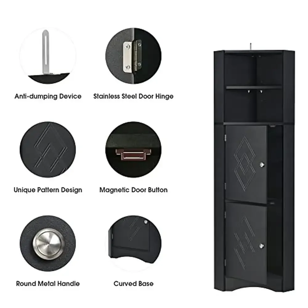 Bathroom Corner Cabinet Organizer Tall Space Saving Black 2 Doors 2 Drawers Durable Shelf Storage