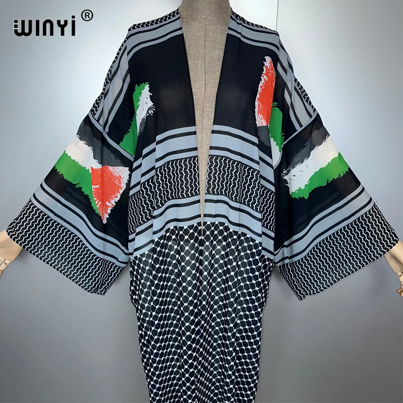 فساتين كيمونو مطبوعة تقليدية من WINYI للنساء المسلمات بالأزرار ملابس الشاطئ قفطان يغطي فستان سهرة عباية دبي فاخرة