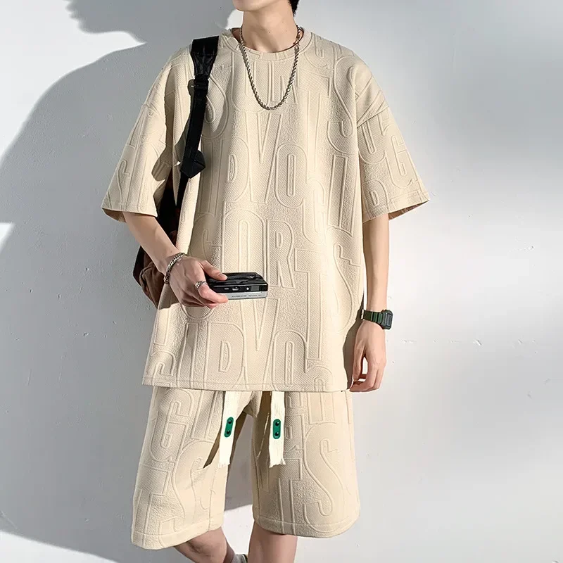 LIBIELIY Men Sets Summer O-neck T-shirts Baggy Harajuku Shorts All-match Breathable Ulzzang High Street Teens Male Stylish Hand