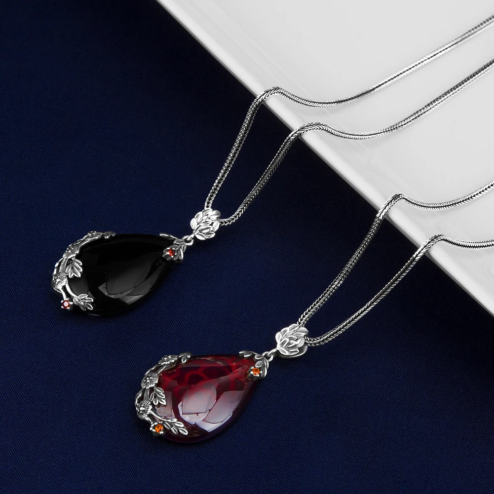  YYSuniee Solid 925 Sterling Silver Necklace for Women Vintage Thai Silver Black Onyx Green Agate Chalcedony Pendant
