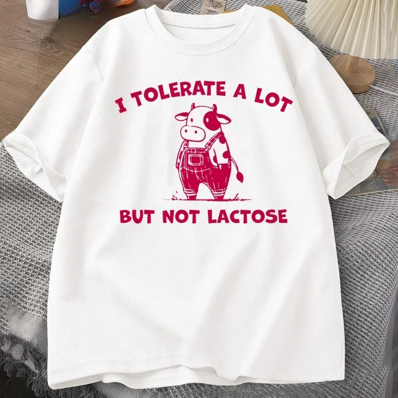 Vintage Y2K Humor T Shirt I Tolerate A Lot But Not Lactose Funny T-Shirt Cute Cow Meme Tee Shirt Short Sleeve Mens Womens Tops