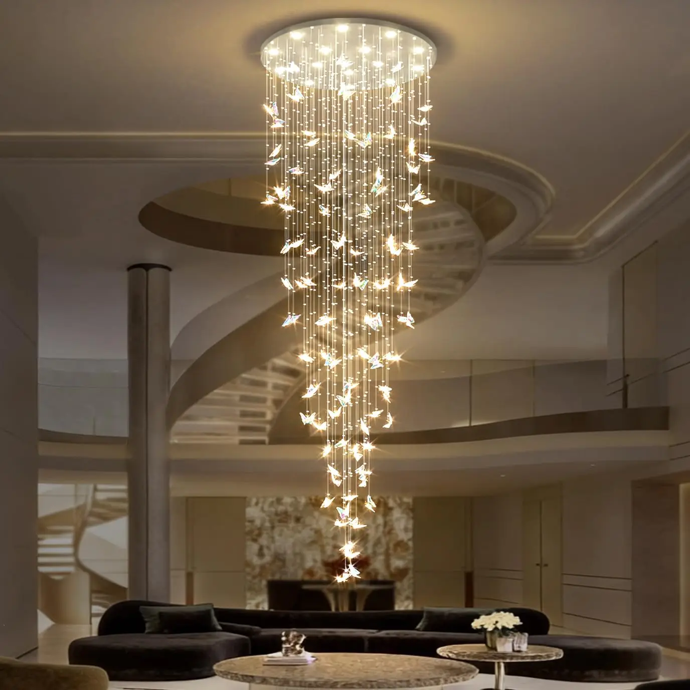 Hotel Lobby Attic Butterfly Crystal Multi-Head Long Chandelier K9 Crystal Staircase Pendant Light Living Room Decor Lighting
