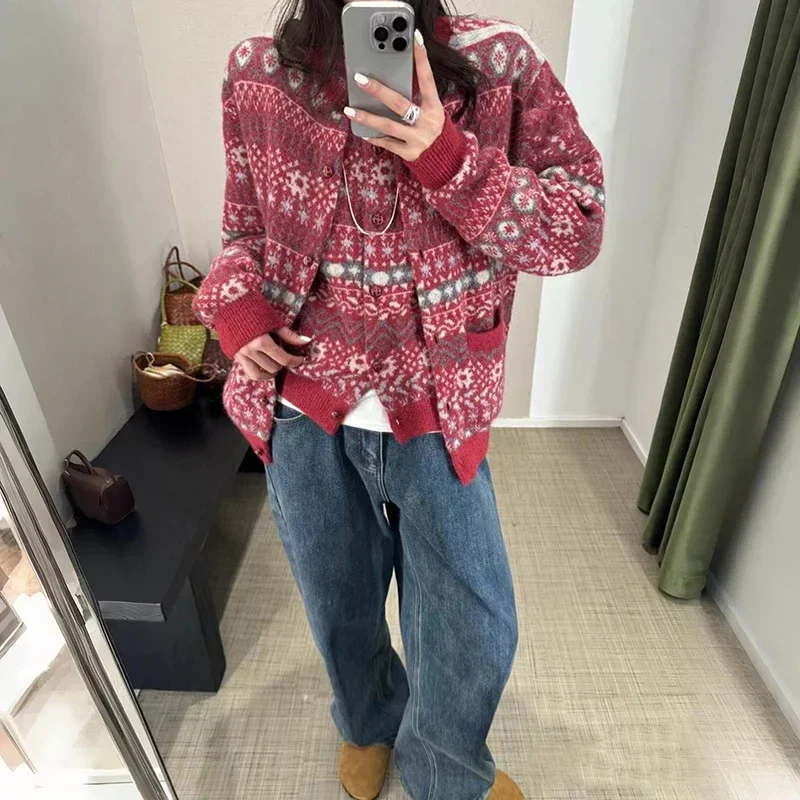 Pull Français Style Boho pour Femme, Tricot Floral Rouge, Col Rond, Bouton Unique, Style Bohème, Printemps, Automne, Y-New