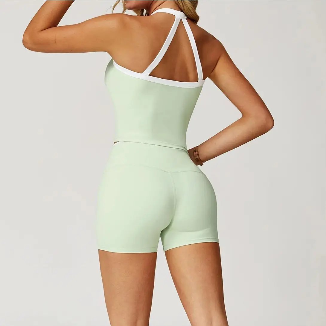 Yogaset Dames Sportbeha 2-delig Gym Workout Legging Set Hoge taille Shorts Kleurblokkering Kruisrug Strak Yogapak Sportkleding