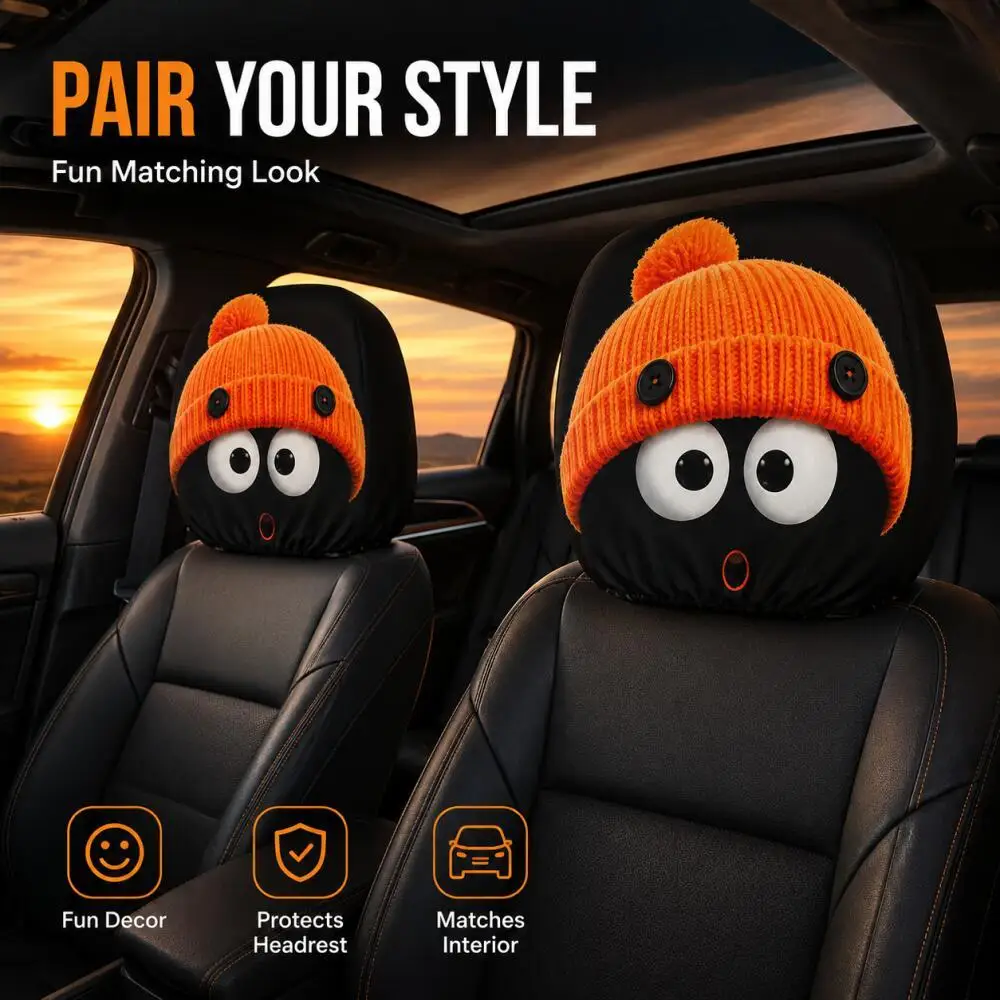 2PCS Orange Beanie Character Car Headrest Covers 2D Flat Big Eyes Surprised Print Black Kawaii Universal Auto Protector