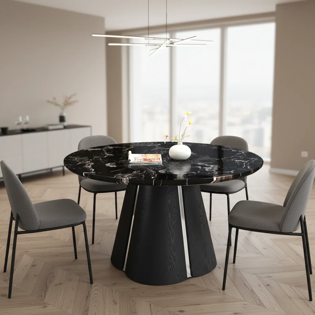 # Italian Natural Marble High-end Luxury Round Dining Table Modern Solid Wood Base Black 6-Seater For Home Use