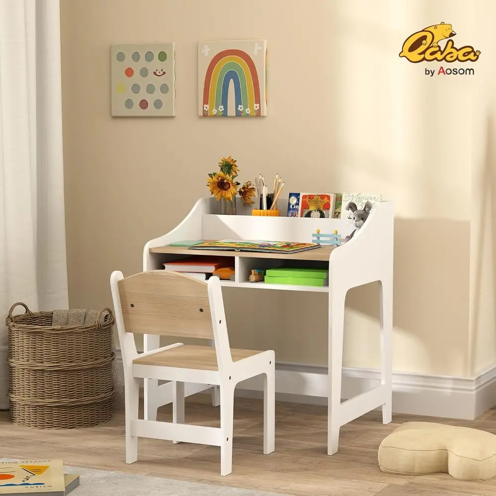 Kids Desk and Chair Set, Study Desk or Children with Storage and Shelves, Wooden Children Writing Table or Bedroom, Natural Wood