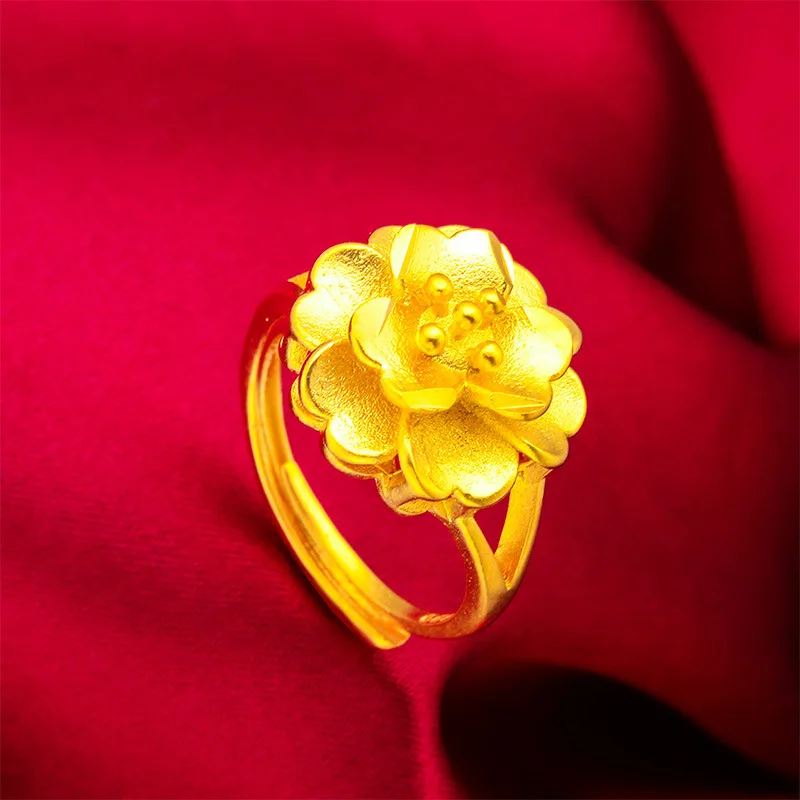 24K Gold 3D Flower Ring | AU999 Pure Gold, layered petal design, diamond-encrusted stamen, elegant and romantic for daily wear