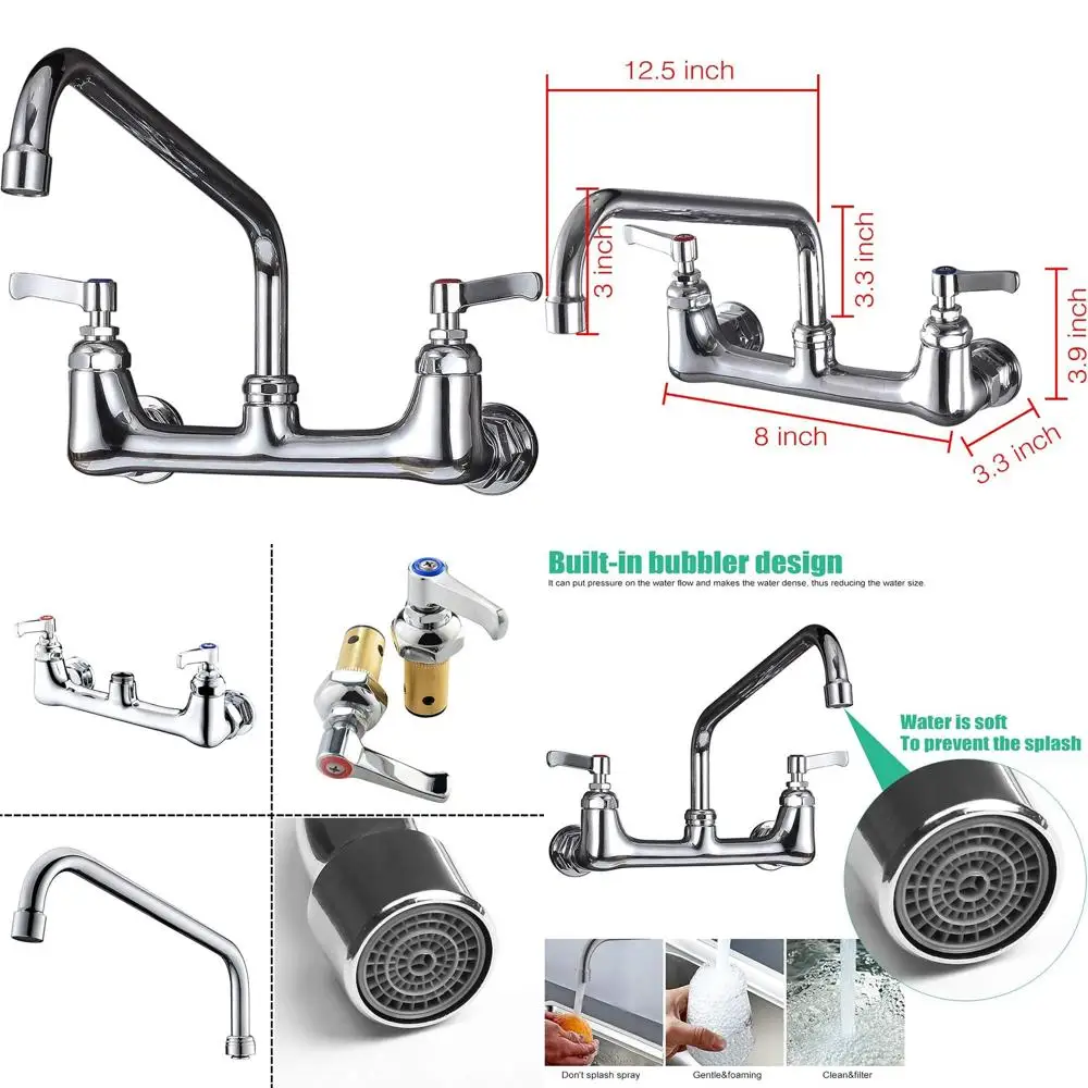 

12 Swivel Spout, 8 Center Wall Mount Commercial Kitchen Faucet