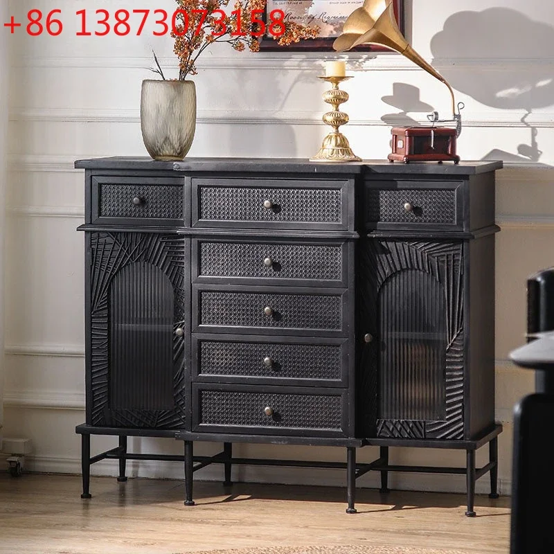 Black Italian porch cabinet shoe cabinet, solid wood retro and old rattan foyer decorative cabinet, B & B dining side