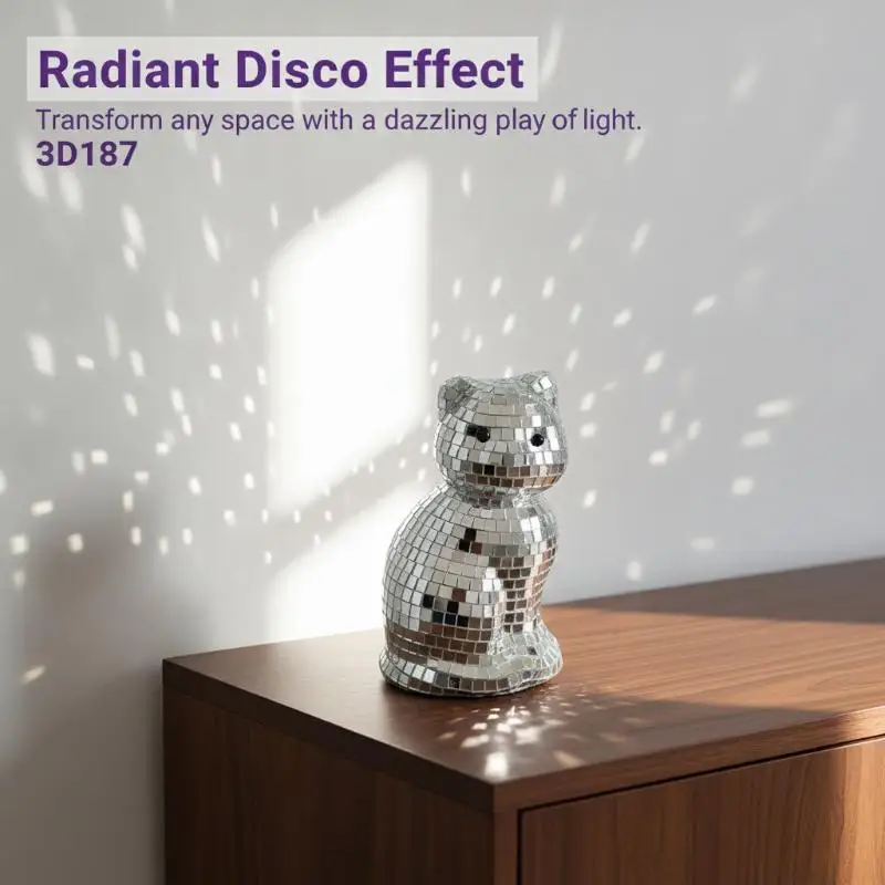 Cute Cat Disco Ball Sculpture Creative Sparkling Mirror Reflective Ornament for Home Party New Year Decor Gift