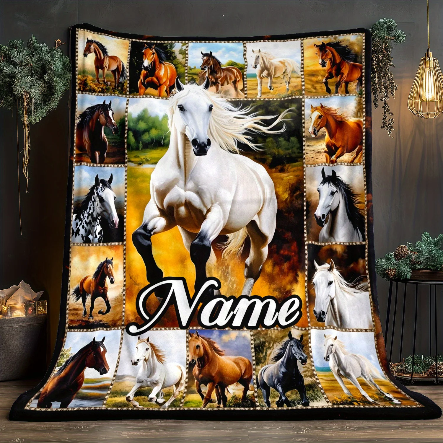 Custom Horse Blanket With Multiple Horse Designs Personalized Name Centered Artistic Collage Soft Fleece Throw Equestrian Gift