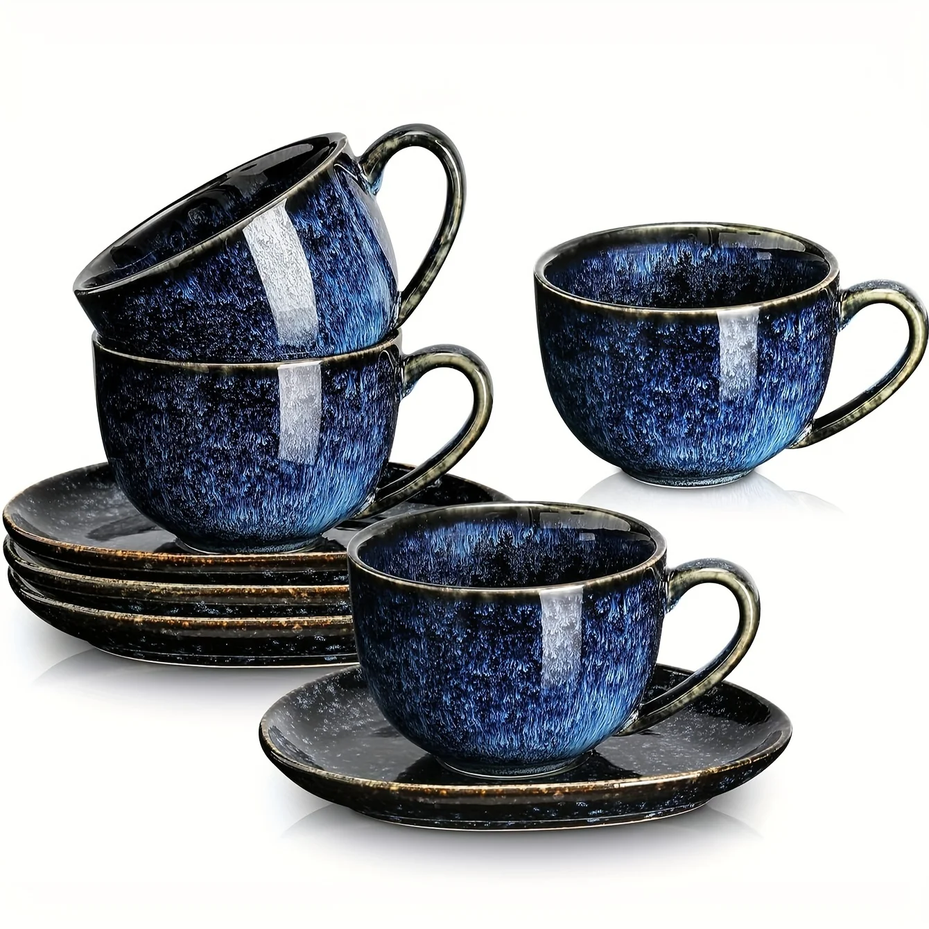 

4pcs, 6.5 Oz Cappuccino Cups With Saucers, Ceramic Coffee Cup For Double Shot, Au Lait, Latte, Tea, Cafe Mocha (Starry Blue) Cat