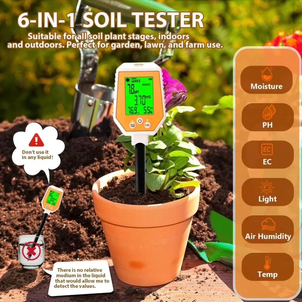 Large Screen Display Multi-Function 6 in 1 Soil Tester Quickly Measure 0-14pH Soil pH Tester Portable Sensitive pH Analyzer Farm