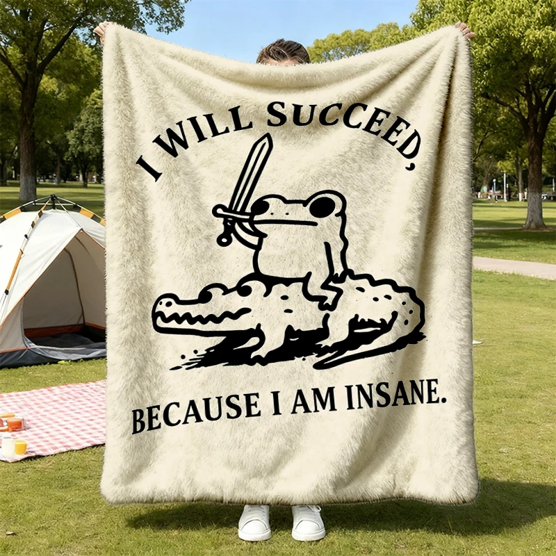 I Will Succeed Because I Am Insane Comfy Blanket, Warrior Frog Riding Crocodile Flannel Blanket, Goblincore Meme Flannel