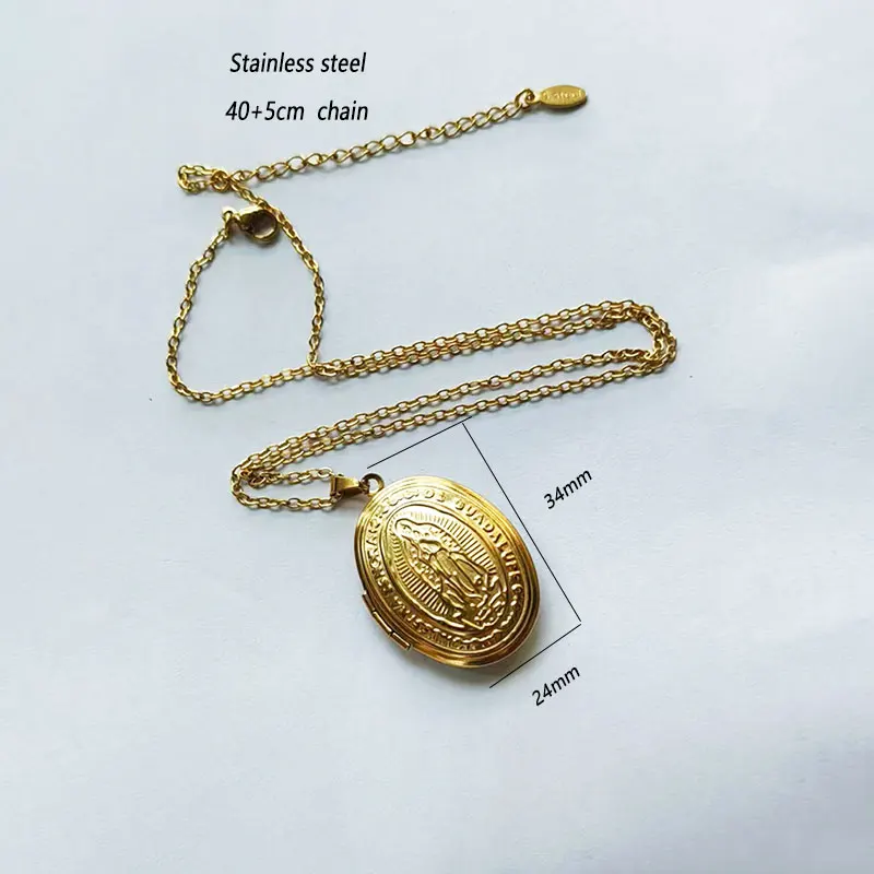 1Pc Big Virgin Mary Flower Oval Locket Stainless Steel Pendant Necklaces Charms Photo Frame Necklace Women Memory Making Jewelry