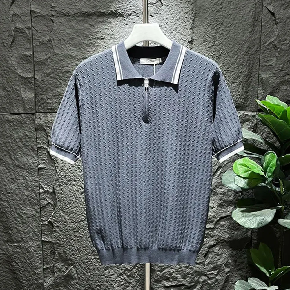Mens Polo Shirt Summer Ice Silk Solid Classic Retro Texture Veins Short Sleeve Daily T-Shirt Youth Men's Slim Trendy Tops 2024