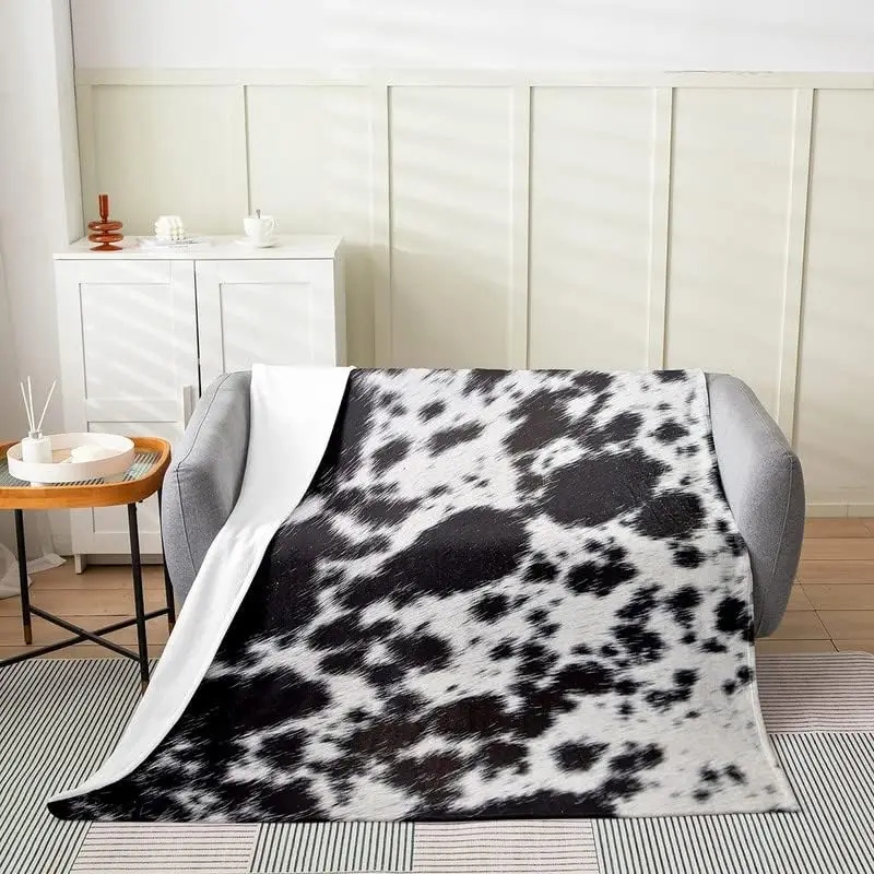 Cowhide Plush Throw Blanket, for Sofa Couch Kids Rustic Farm Cow Fur Flannel Fleece Blanket Set Room Decorative Wild