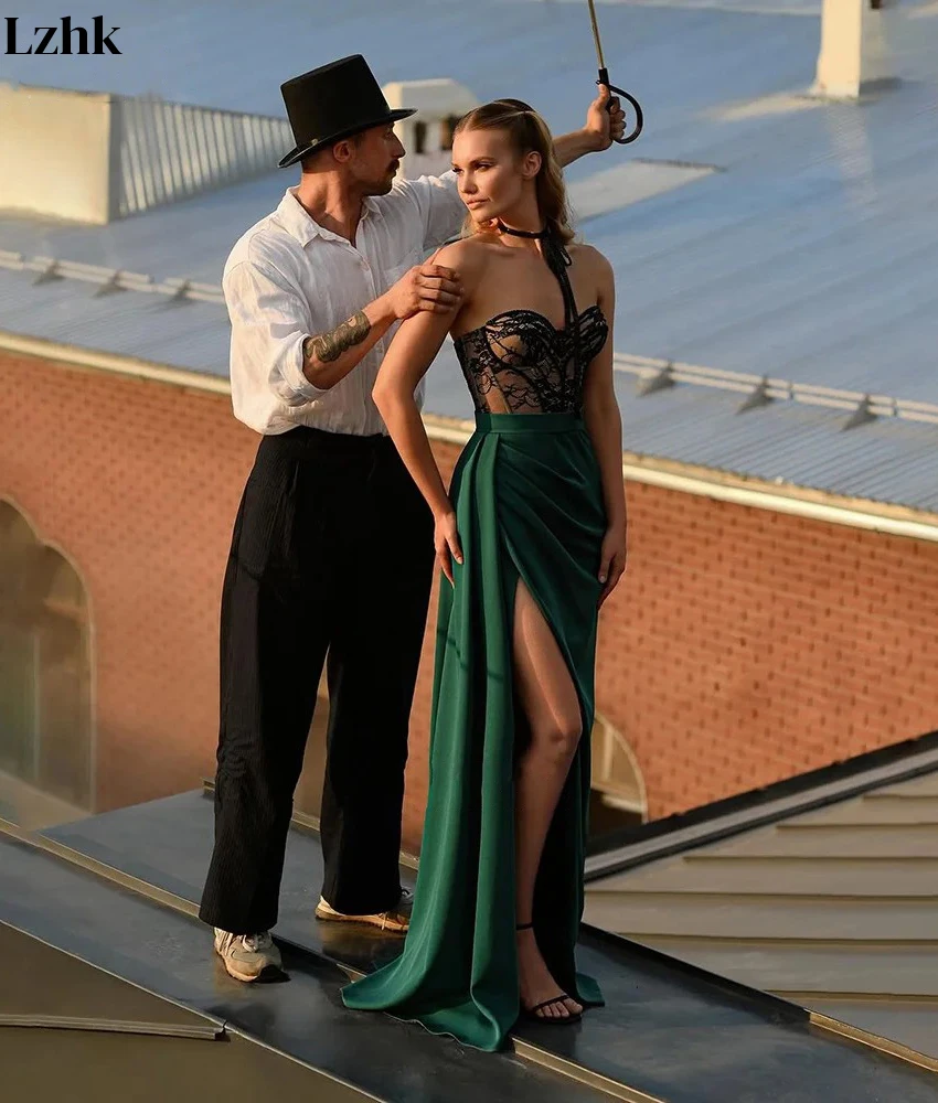 Maßgeschneidertes sexy Jersey-Abendkleid mit A-Linie und Spitze, Temperament, herzförmig, ärmellos, bodenlang, Partykleider, individuelle Größe