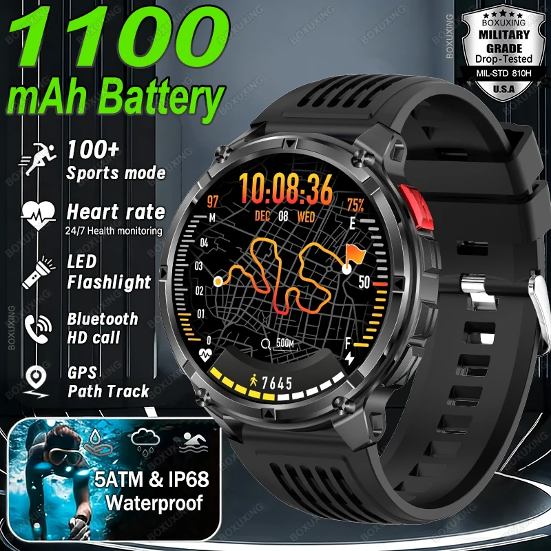 New Military Grade 1100mAh Battery Smart Watch Compass 5ATM Waterproof Sports Tracker GPS Track Outdoors Military Smartwatches
