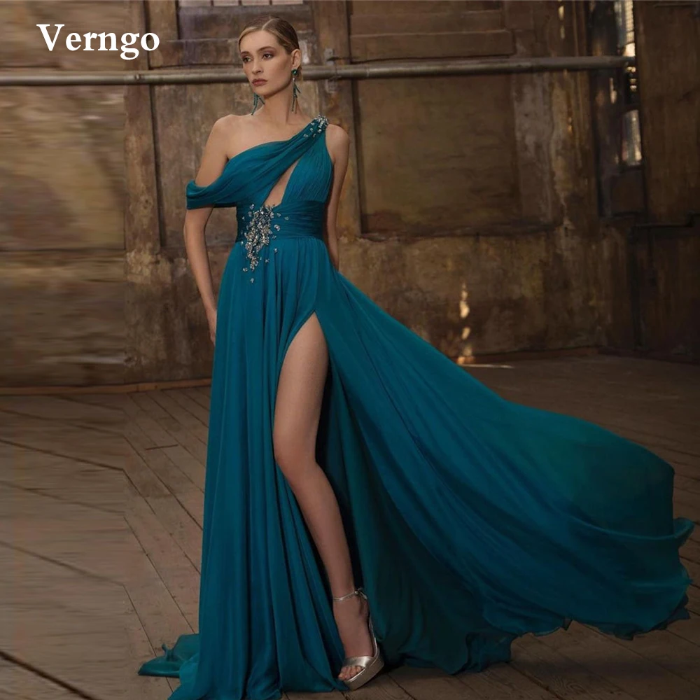 Verngo – robe de soirée en mousseline de soie bleu foncé, asymétrique, épaule dénudée, perles, robes de plage, fente haute, Sexy, robes de bal, nouvelle collection 2022