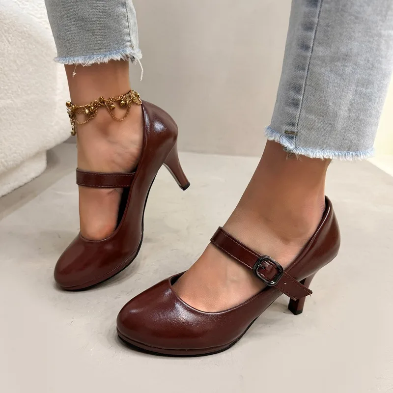 2025 New Women Handmade High Heels Leather Pointed Toe Shallow Mary Jane Mid Heels Dance Shoes Ladies Party Dress Pumps