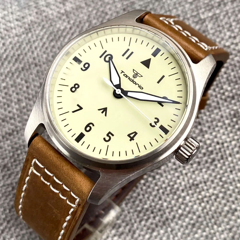 Reloj Mecánico de aviador para hombre, cronógrafo de estilo Vintage, NH35, movt, color blanco crema, esfera verde, Super Lume, Retro, regalo, 20bar