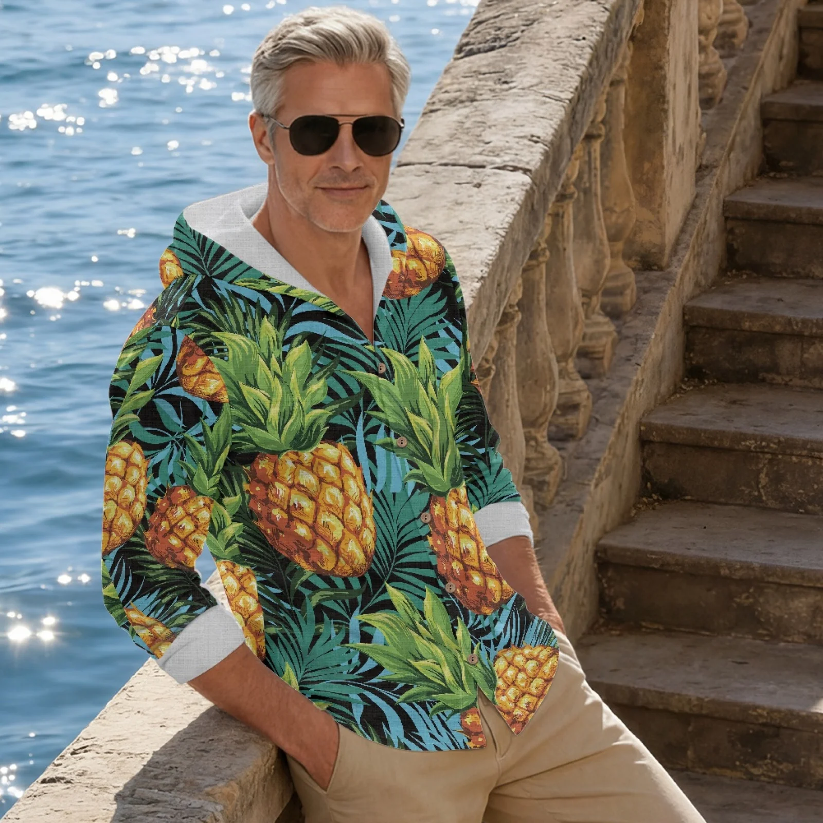 PENSTROLL Pineapple Tropical Leaf Linen Style Casual Beach Top for Going Out Button-Up Casual Hoodie Hoodies