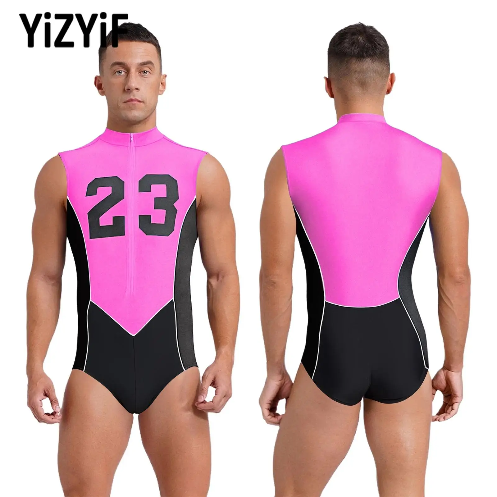 

2025 New Mens Sportswear Swimwear Sleeveless Front Zipper Fashion Number Printed Color Block Leotard for Cycling Running Workout