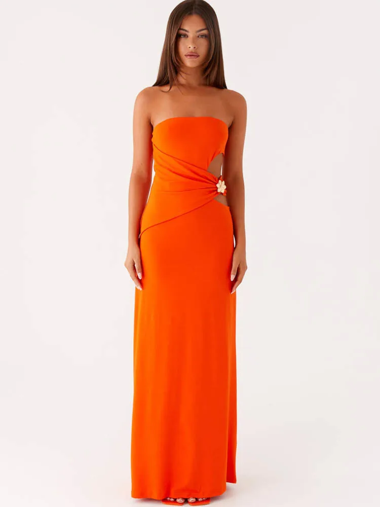 

Artcat elegant strapless hollow metal long dress, female sexy backless bodycon party evening dress, summer vacation beach