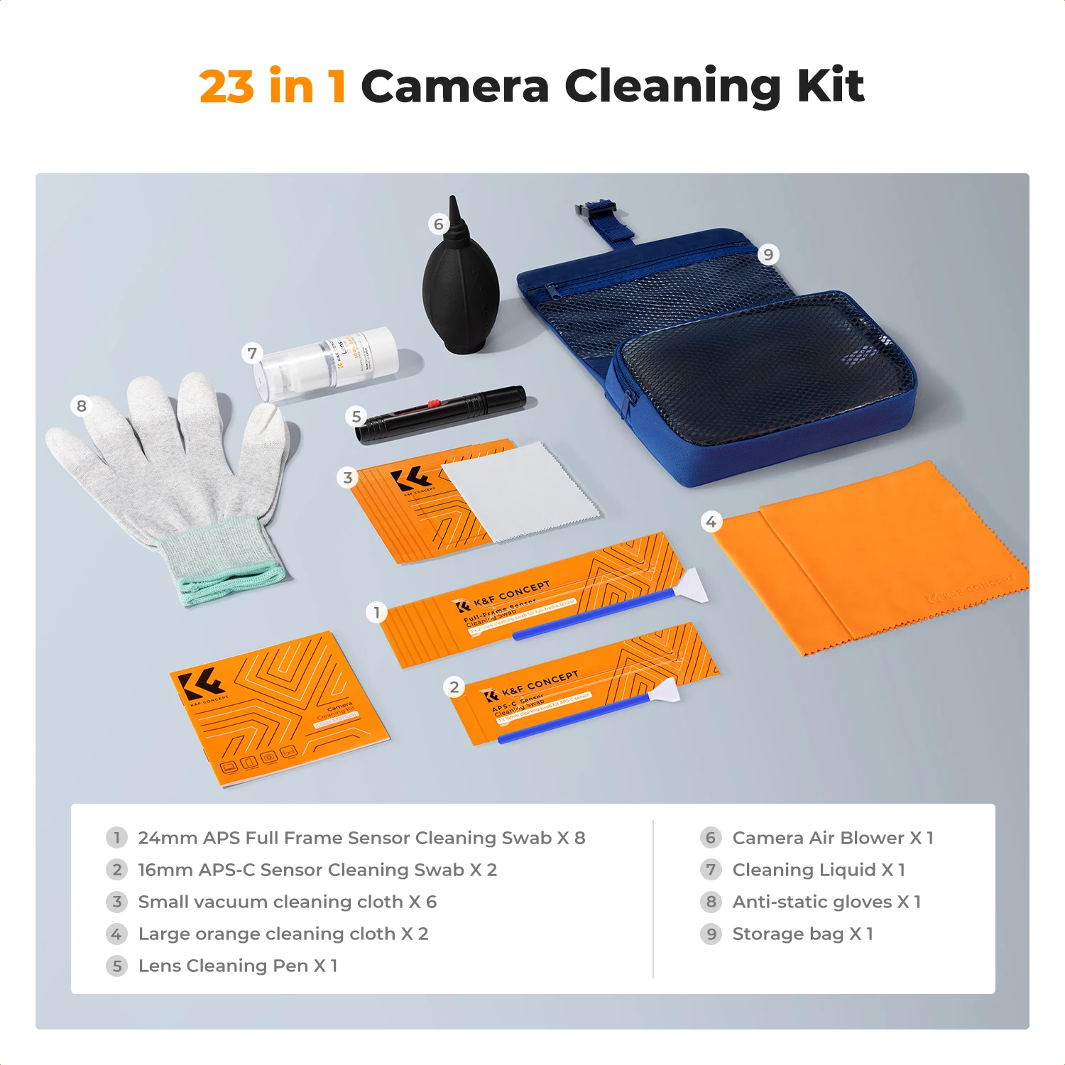 K&F CONCEPT 23 in 1 Camera Cleaning Kit With Sensor Cleaner APS-C&Full-Frame Swabs Air Blower Lens Brush Gloves Lens Cloth & Bag