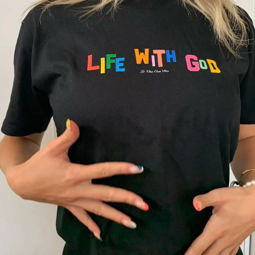 Life with God Rainbow Letters Printing Black Loose T Shirt Women Summer Short Sleeve Cotton Casual Tops Aesthetic Tee Shirts