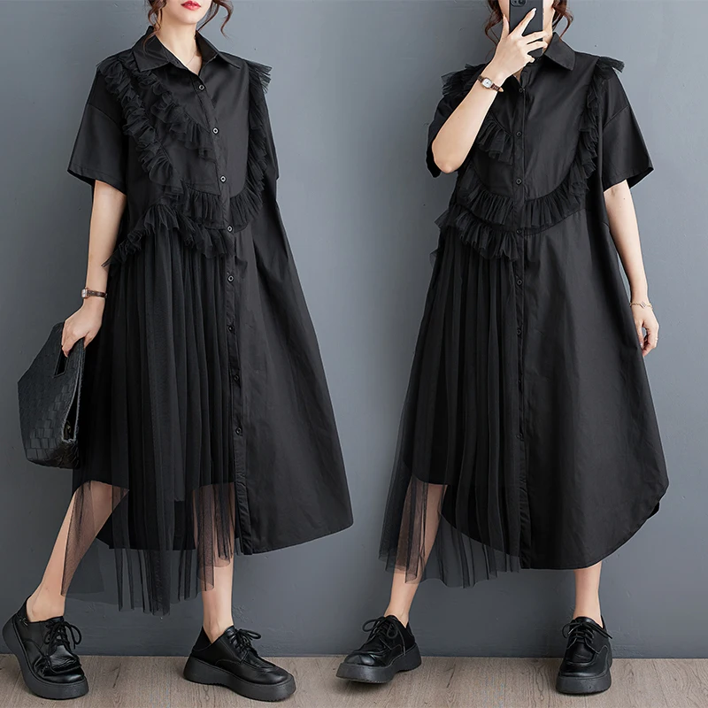 Tannt Women Dress Mesh Edible Tree Fungus Splicing Asymmetry Short Sleeves Black Long Shirts Dresses For Women 2024 New