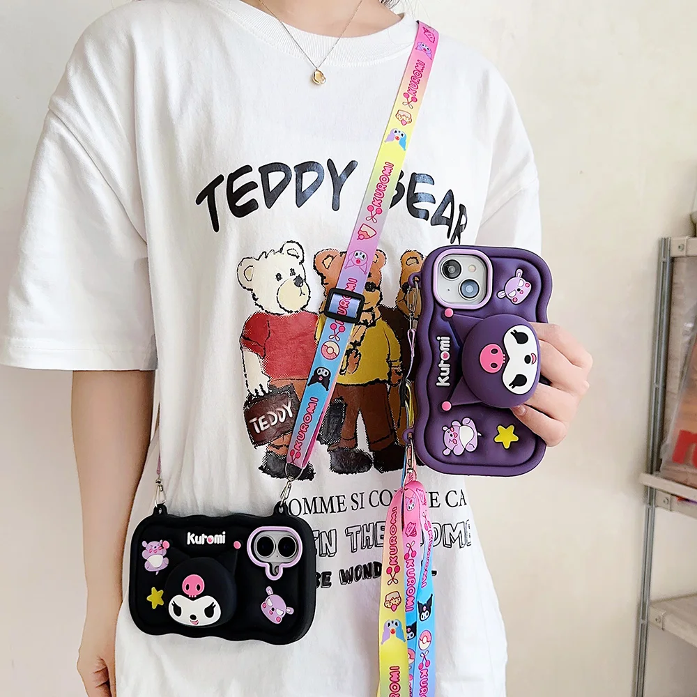 Kwaii Kuromi Hello Kitty Soft Silicone Case For iPhone 16 Plus 15 14 13 12 Pro Max 3D Cartoon Stand Holder Cover With Neck Strap