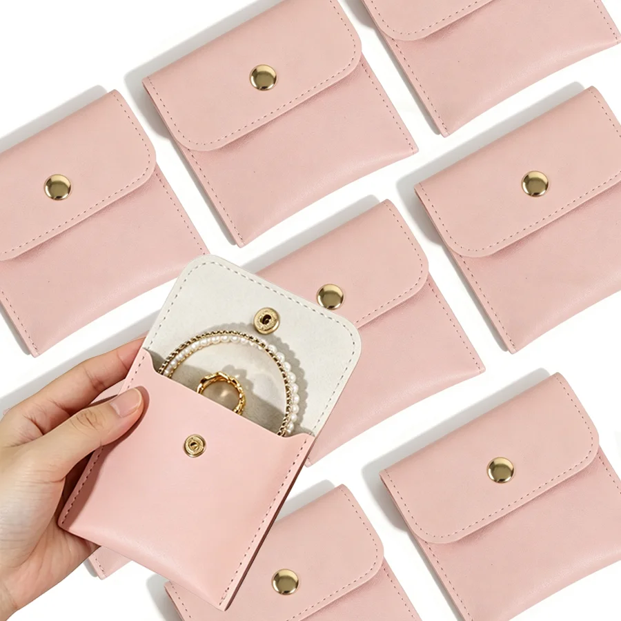10pcs Pink Faux Leather Jewelry Storage Bag with Snap Button, Portable Small Organizer for Earrings Rings Necklaces Travel XJM