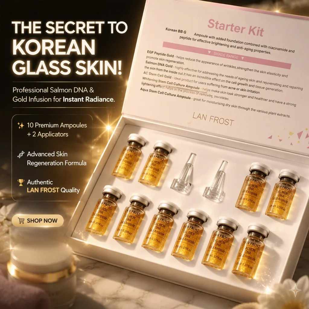 Pro Korean 8ml Salmon DNA Gold Ampoule Skin Booster Serum Kit BB Brightening Moisturizing for Face 0.3mm Microneedle Serum 1 Set