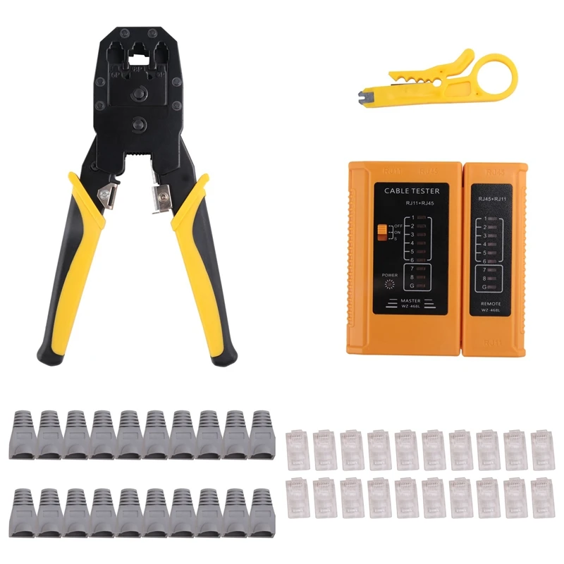 

RJ45 Crimp Tool Kit With 20PCS Cat5 RJ45 Connectors, 20PCS Strain Relief Boots, 1 Mini Wire Stripper 1 RJ45 Cable Tester