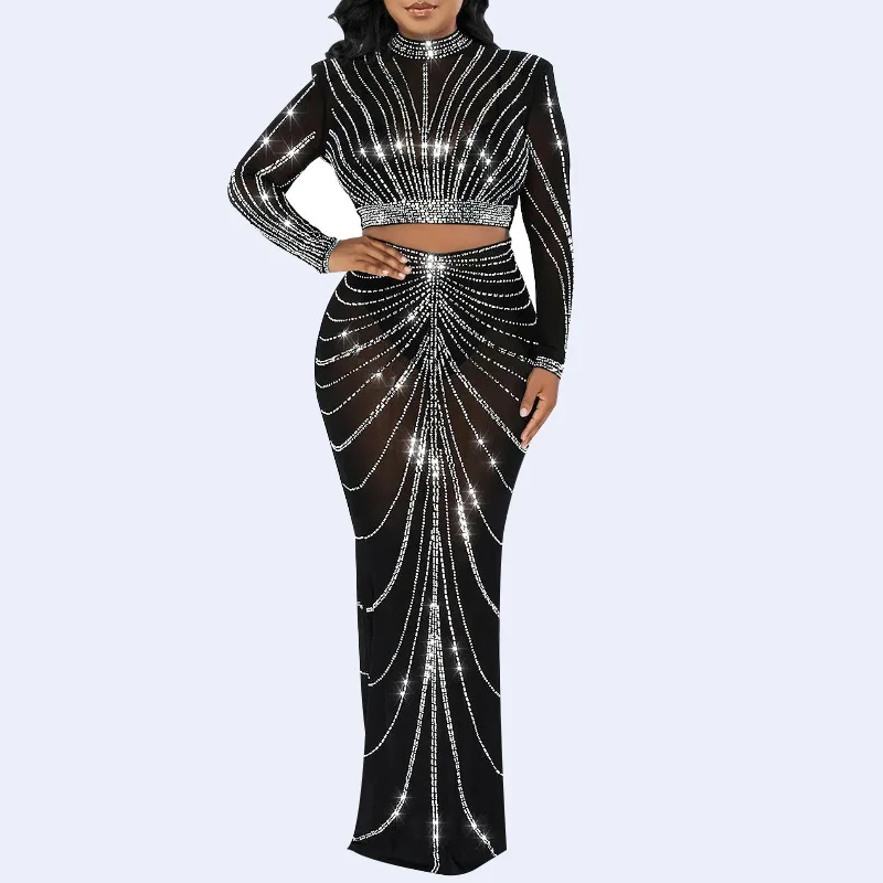 European and American Fashion Women's Mesh Hot Rhinestone Perspective Long Sleeve Long Skirt Two-piece Set for Women