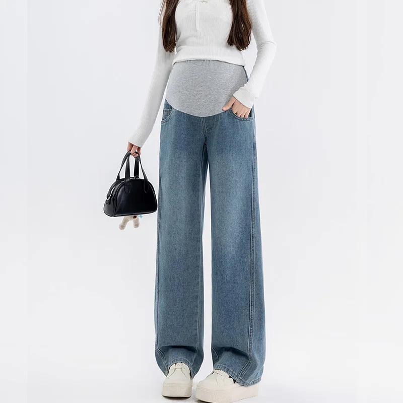 2026 Spring New Full Belly Support Maternity Denim Pants, Adjustable Waist Slim Fit Drape Wide Leg Floor-Grazing Pregnancy Jeans