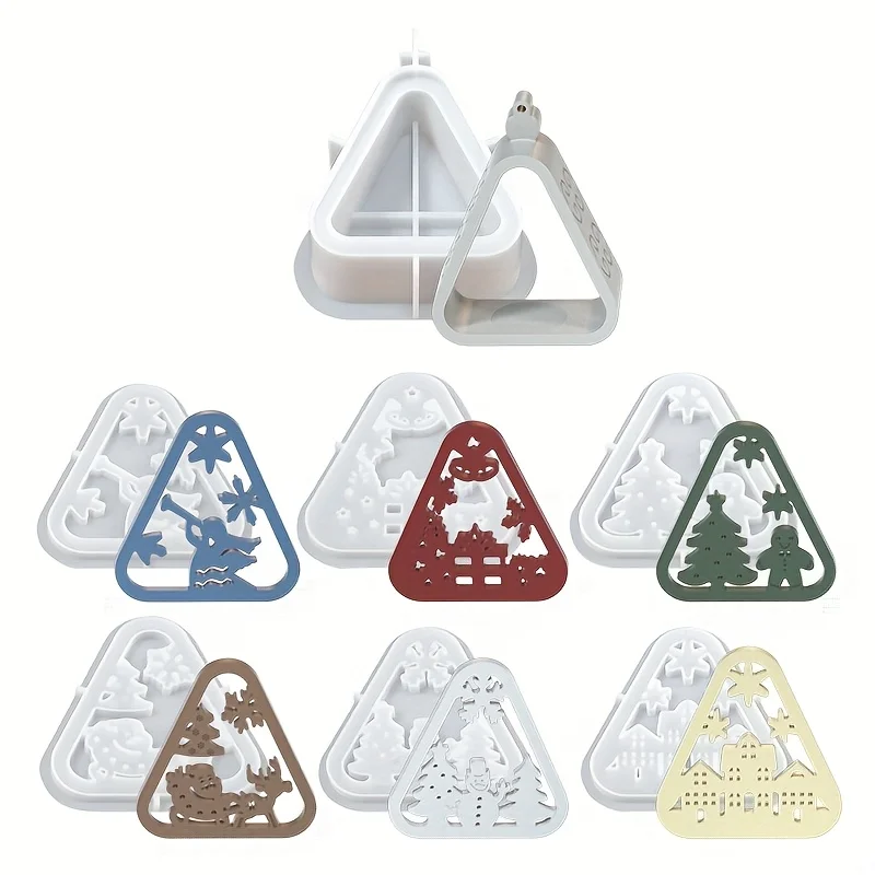 1/7pcs Christmas Decorative Elements Silicone Ornament Molds, Triangular Design, Include 1pc Base Mold And 6 Style Cover Molds,