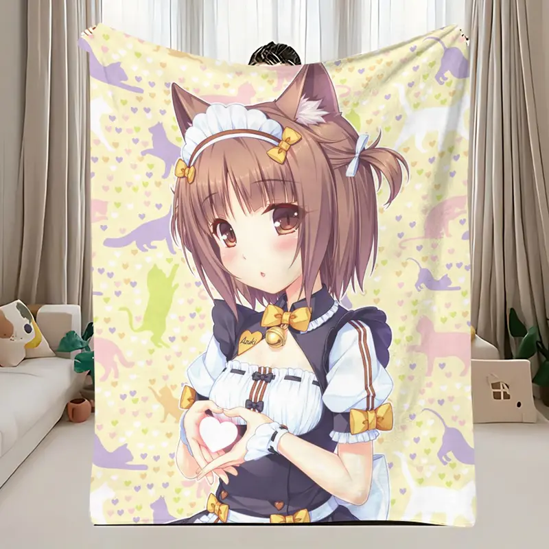 Nekopara Azuki Flannel Blanket, Cute Cat Girl Maid Throw Blanket for Bedroom Sofa Decor - Image 4