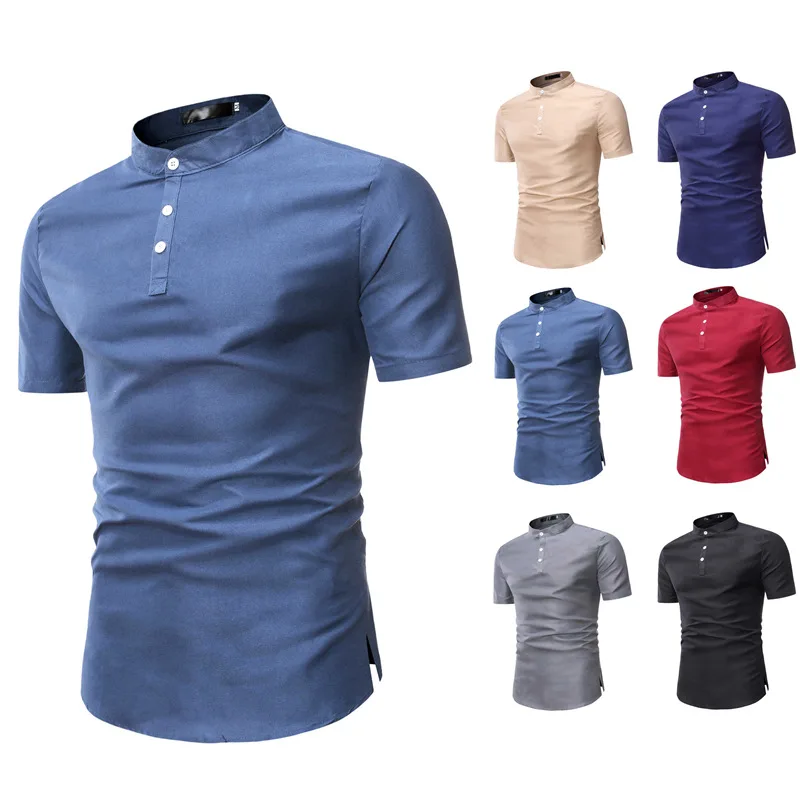 

Summer Hollowed Out Men's Standing Collar Short Sleeved Shirt with Three Button Solid Color Standing Collar Shirt