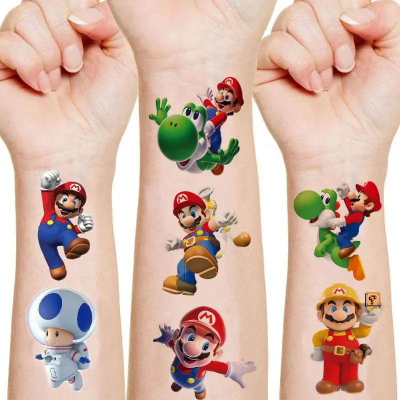 Game Super Mario Bros Tattoo Stickers Cartoon Anime Figure Luigi Yoshi Bowser Temporarily Sticker Cool Toys Children Party Gifts