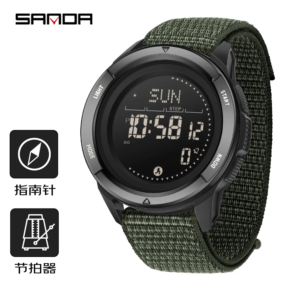 SANDA 2025 Men Electroni Watch Metronome Movement Step Counting Military Countdown Compass Outdoor Waterproof LED Digital Watch